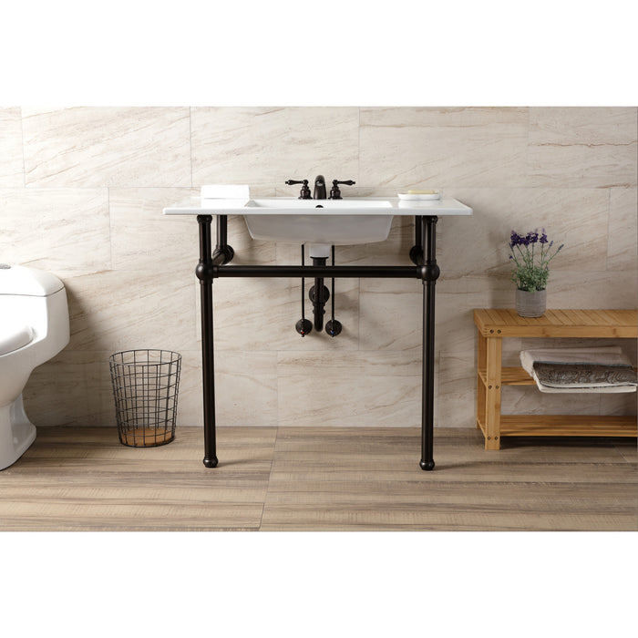 Kingston Heirloom KVBH37227W4ORB - Templeton 37-Inch Ceramic Console Sink with Brass Legs (4-Inch, 3-Hole), White/Oil Rubbed Bronze