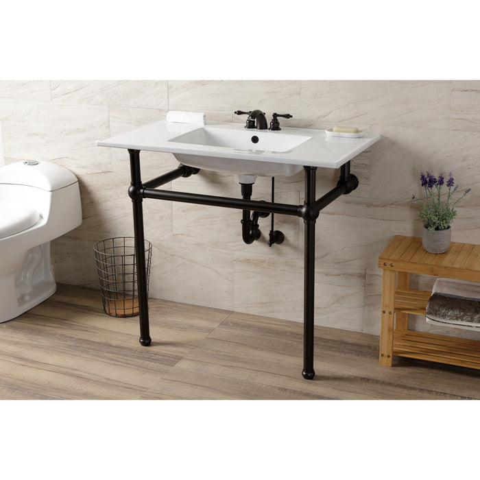 Kingston Heirloom KVBH37227W4ORB - Templeton 37-Inch Ceramic Console Sink with Brass Legs (4-Inch, 3-Hole), White/Oil Rubbed Bronze