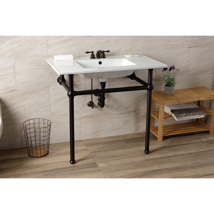 Kingston Heirloom KVBH37227W4ORB - Templeton 37-Inch Ceramic Console Sink with Brass Legs (4-Inch, 3-Hole), White/Oil Rubbed Bronze