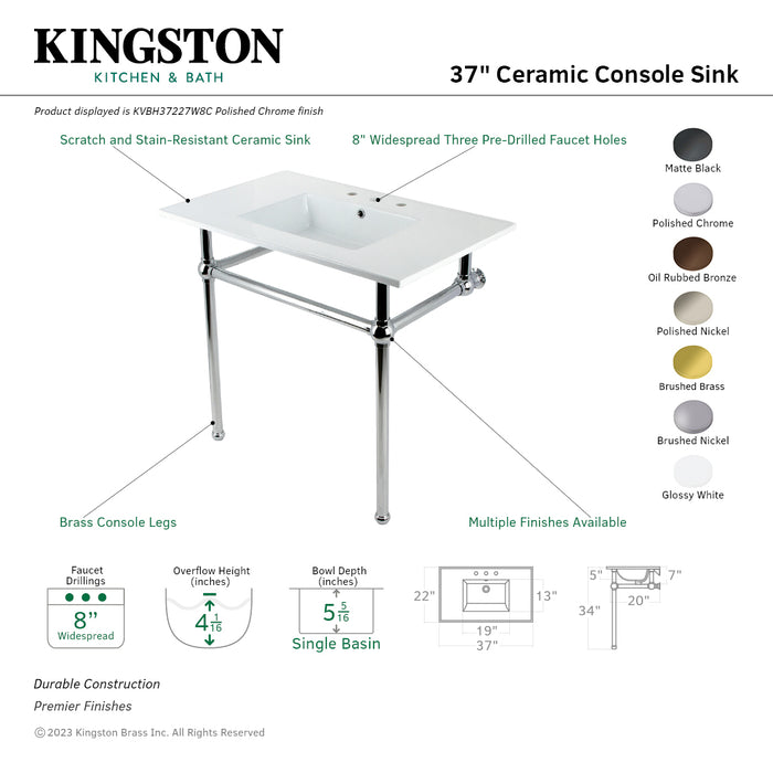Kingston Heirloom KVBH37227W8BB - Templeton 37-Inch Ceramic Console Sink with Brass Legs (8-Inch, 3-Hole), White/Brushed Brass