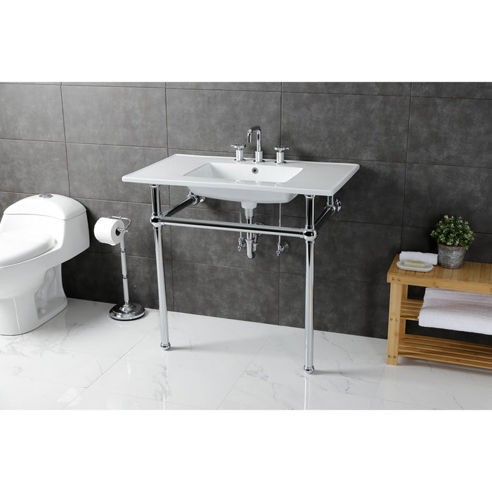 Kingston Heirloom KVBH37227W8C - Templeton 37-Inch Ceramic Console Sink with Brass Legs (8-Inch, 3-Hole), White/Polished Chrome