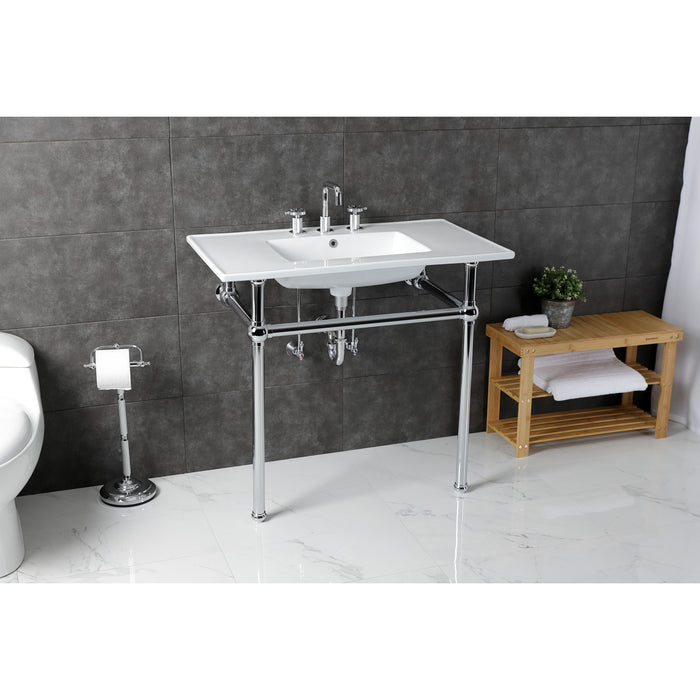 Kingston Heirloom KVBH37227W8C - Templeton 37-Inch Ceramic Console Sink with Brass Legs (8-Inch, 3-Hole), White/Polished Chrome