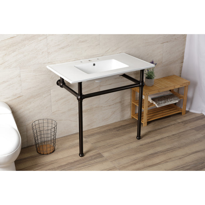 Kingston Heirloom KVBH37227W8ORB - Templeton 37-Inch Ceramic Console Sink with Brass Legs (8-Inch, 3-Hole), White/Oil Rubbed Bronze