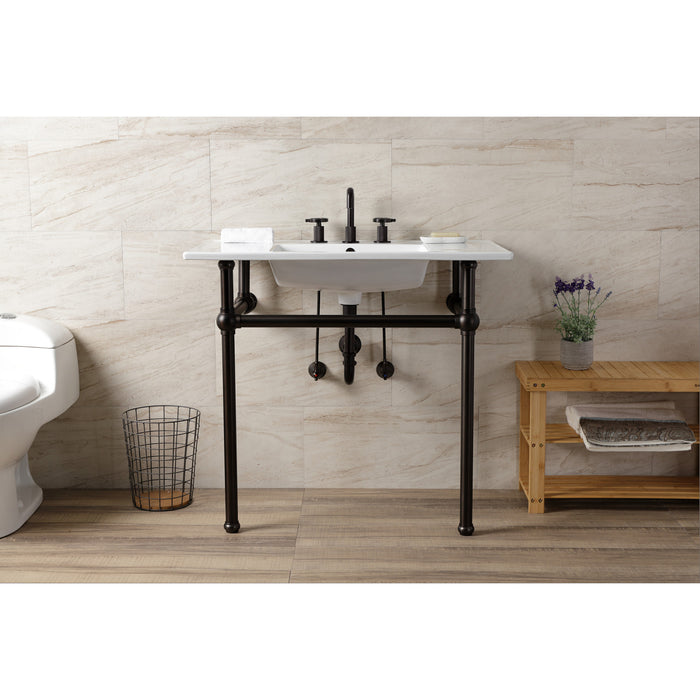 Kingston Heirloom KVBH37227W8ORB - Templeton 37-Inch Ceramic Console Sink with Brass Legs (8-Inch, 3-Hole), White/Oil Rubbed Bronze