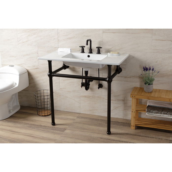 Kingston Heirloom KVBH37227W8ORB - Templeton 37-Inch Ceramic Console Sink with Brass Legs (8-Inch, 3-Hole), White/Oil Rubbed Bronze