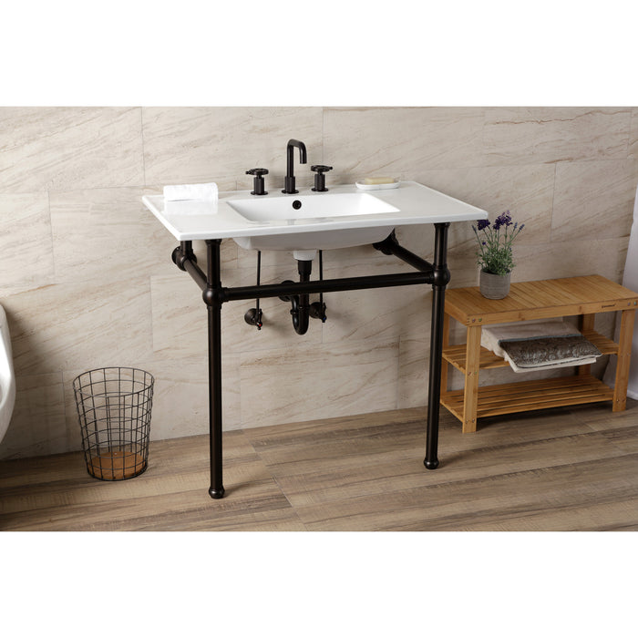 Kingston Heirloom KVBH37227W8ORB - Templeton 37-Inch Ceramic Console Sink with Brass Legs (8-Inch, 3-Hole), White/Oil Rubbed Bronze