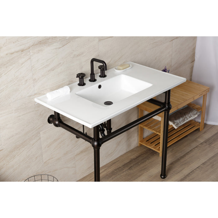 Kingston Heirloom KVBH37227W8ORB - Templeton 37-Inch Ceramic Console Sink with Brass Legs (8-Inch, 3-Hole), White/Oil Rubbed Bronze