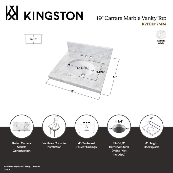 Fredrickson KVPB1917M34 19-Inch Carrara Marble Vanity Sink Top (4" Faucet Drillings), Carrara White