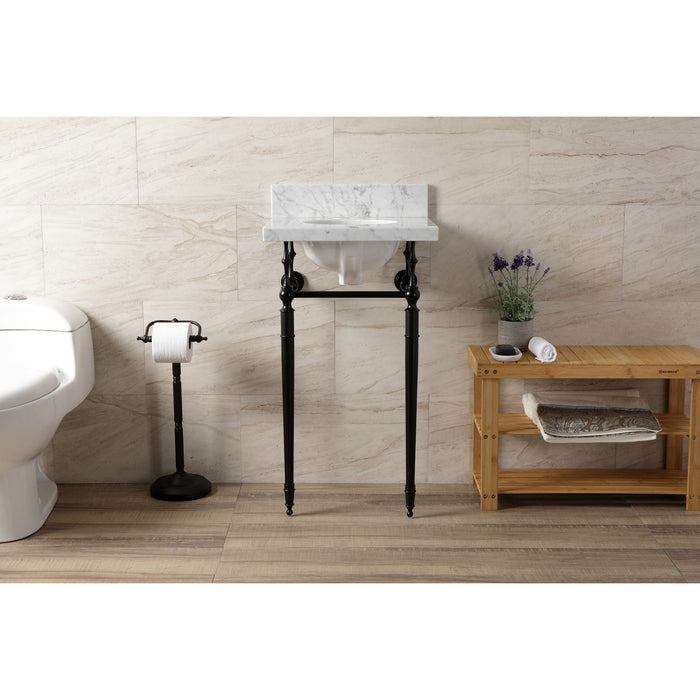 Kingston Heirloom KVPB1917M340ST - Edwardian 19-Inch Carrara Marble Console Sink with Brass Legs (4-Inch, 3-Hole), Carrara Marble White/Matte Black