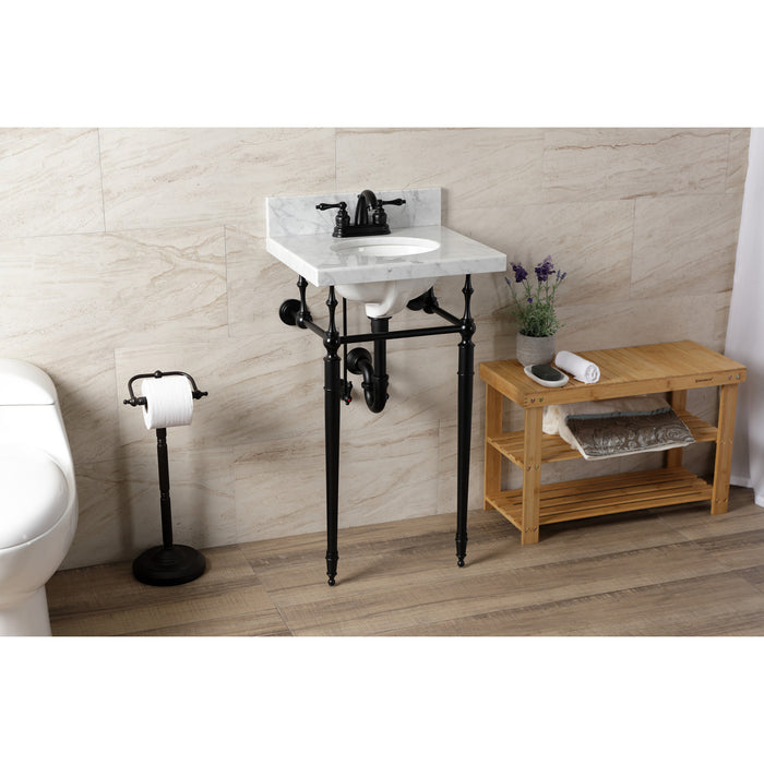 Kingston Heirloom KVPB1917M340ST - Edwardian 19-Inch Carrara Marble Console Sink with Brass Legs (4-Inch, 3-Hole), Carrara Marble White/Matte Black