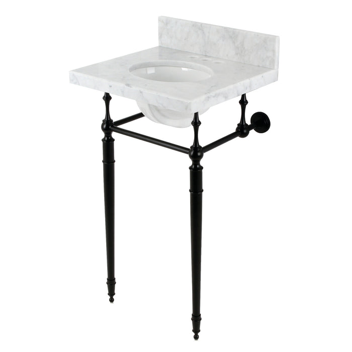 Kingston Heirloom KVPB1917M340ST - Edwardian 19-Inch Carrara Marble Console Sink with Brass Legs (4-Inch, 3-Hole), Carrara Marble White/Matte Black