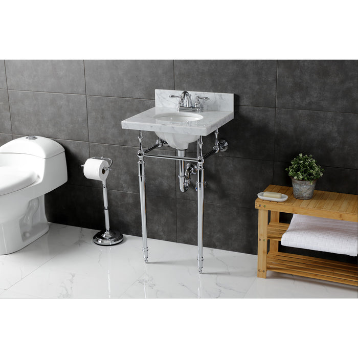 Kingston Heirloom KVPB1917M341ST - Edwardian 19-Inch Carrara Marble Console Sink with Brass Legs (4-Inch, 3-Hole), Carrara Marble White/Polished Chrome