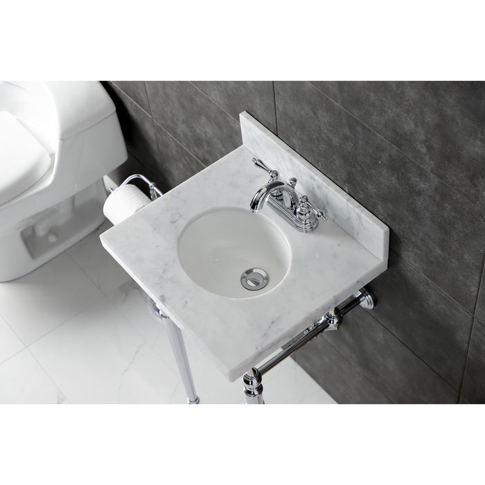 Kingston Heirloom KVPB1917M341ST - Edwardian 19-Inch Carrara Marble Console Sink with Brass Legs (4-Inch, 3-Hole), Carrara Marble White/Polished Chrome