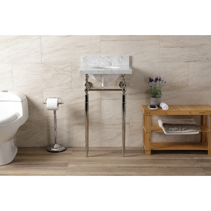 Edwardian KVPB1917M346ST 19-Inch Carrara Marble Console Sink with Brass Legs (4-Inch, 3-Hole), Carrara Marble White/Polished Nickel