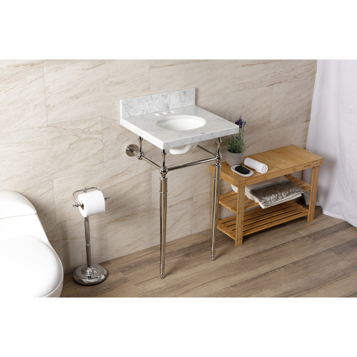 Edwardian KVPB1917M346ST 19-Inch Carrara Marble Console Sink with Brass Legs (4-Inch, 3-Hole), Carrara Marble White/Polished Nickel