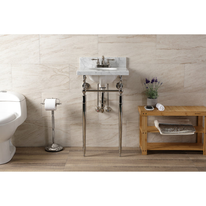 Edwardian KVPB1917M346ST 19-Inch Carrara Marble Console Sink with Brass Legs (4-Inch, 3-Hole), Carrara Marble White/Polished Nickel