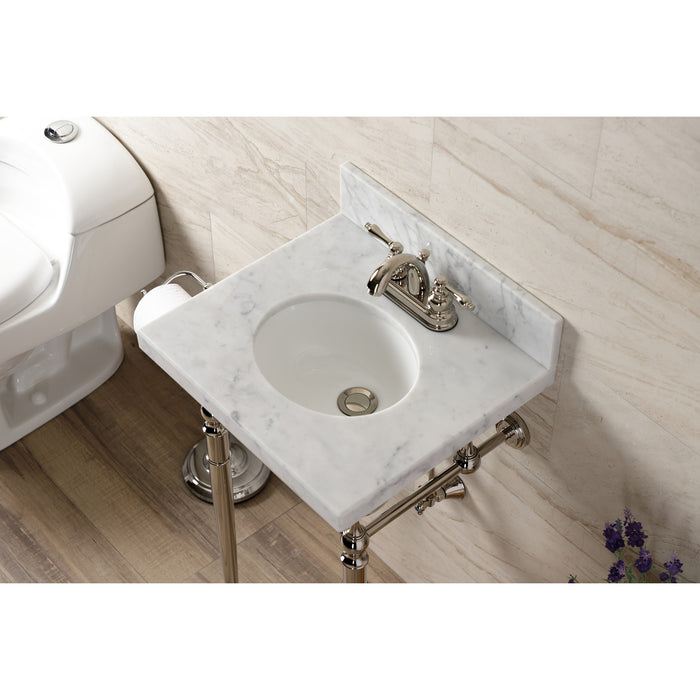 Edwardian KVPB1917M346ST 19-Inch Carrara Marble Console Sink with Brass Legs (4-Inch, 3-Hole), Carrara Marble White/Polished Nickel