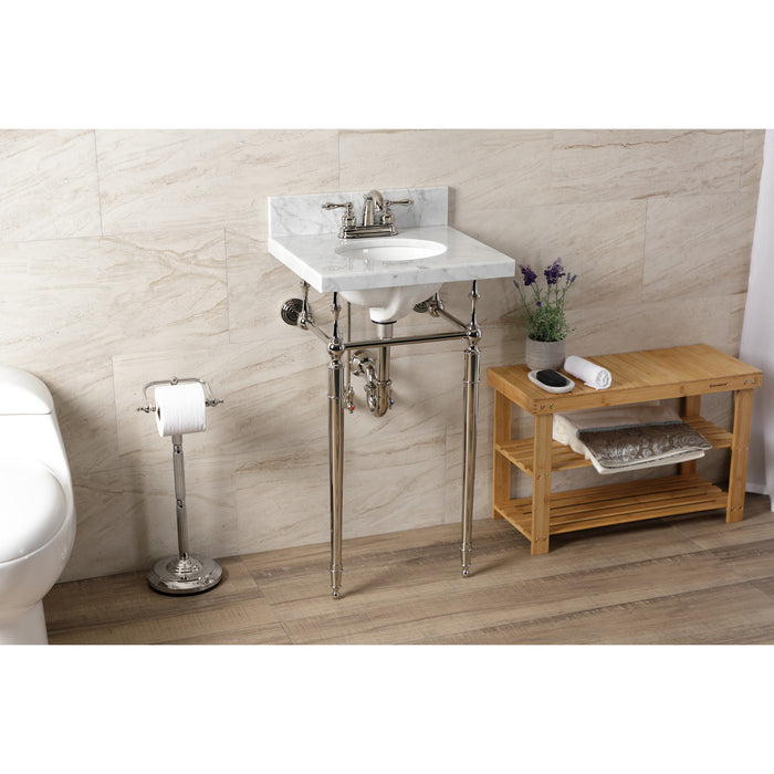 Edwardian KVPB1917M346ST 19-Inch Carrara Marble Console Sink with Brass Legs (4-Inch, 3-Hole), Carrara Marble White/Polished Nickel