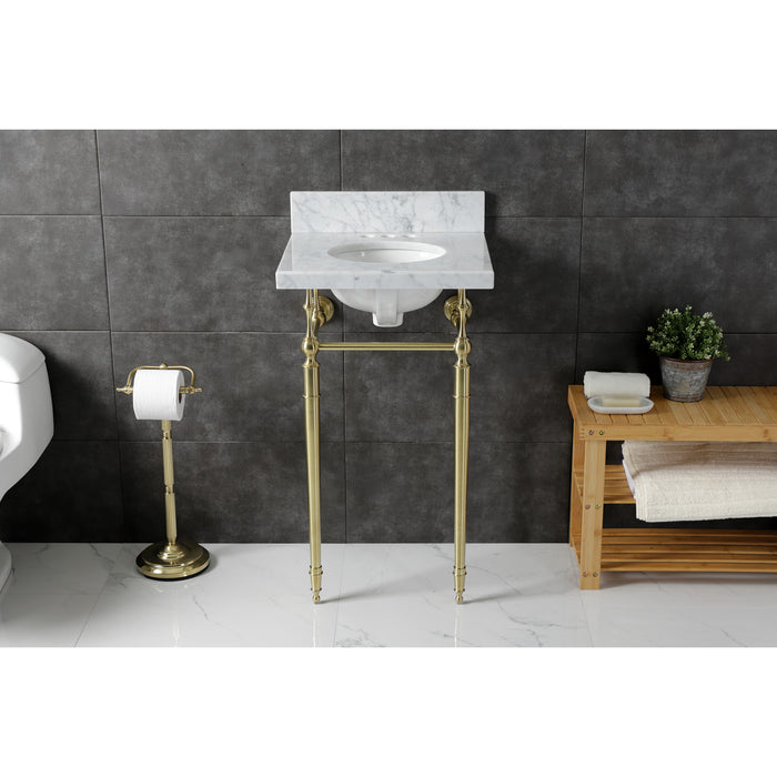 Kingston Heirloom KVPB1917M347ST - Edwardian 19-Inch Carrara Marble Console Sink with Brass Legs (4-Inch, 3-Hole), Carrara Marble White/Brushed Brass