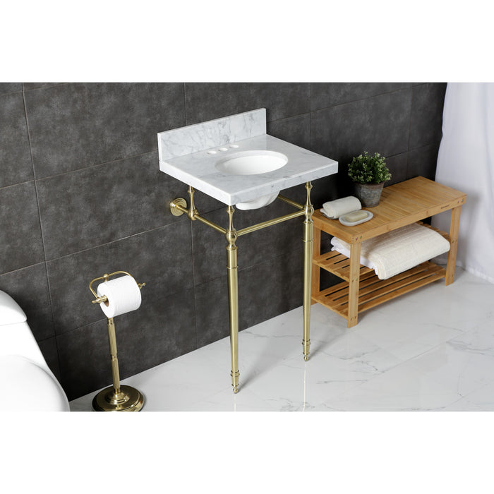 Kingston Heirloom KVPB1917M347ST - Edwardian 19-Inch Carrara Marble Console Sink with Brass Legs (4-Inch, 3-Hole), Carrara Marble White/Brushed Brass