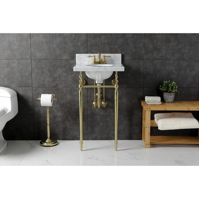 Kingston Heirloom KVPB1917M347ST - Edwardian 19-Inch Carrara Marble Console Sink with Brass Legs (4-Inch, 3-Hole), Carrara Marble White/Brushed Brass