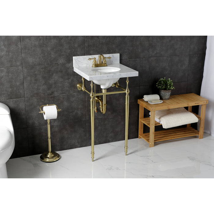 Kingston Heirloom KVPB1917M347ST - Edwardian 19-Inch Carrara Marble Console Sink with Brass Legs (4-Inch, 3-Hole), Carrara Marble White/Brushed Brass
