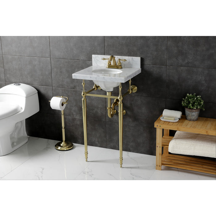 Kingston Heirloom KVPB1917M347ST - Edwardian 19-Inch Carrara Marble Console Sink with Brass Legs (4-Inch, 3-Hole), Carrara Marble White/Brushed Brass
