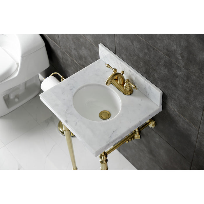 Kingston Heirloom KVPB1917M347ST - Edwardian 19-Inch Carrara Marble Console Sink with Brass Legs (4-Inch, 3-Hole), Carrara Marble White/Brushed Brass