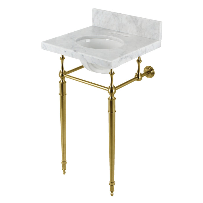 Kingston Heirloom KVPB1917M347ST - Edwardian 19-Inch Carrara Marble Console Sink with Brass Legs (4-Inch, 3-Hole), Carrara Marble White/Brushed Brass
