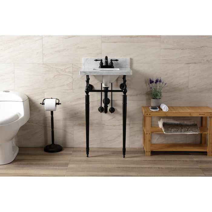 Kingston Heirloom KVPB1917M34SQ0 - Edwardian 19-Inch Carrara Marble Console Sink with Brass Legs (4-Inch, 3-Hole), Carrara Marble White/Matte Black