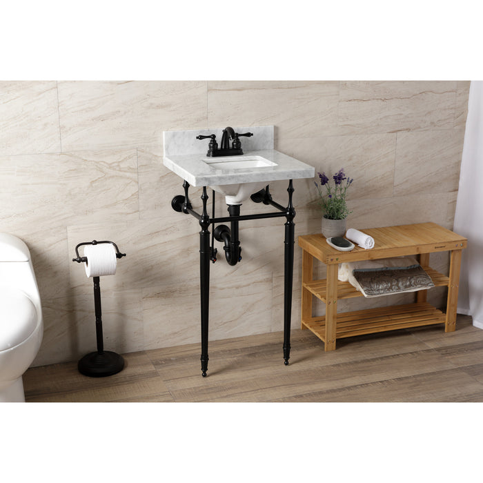 Kingston Heirloom KVPB1917M34SQ0 - Edwardian 19-Inch Carrara Marble Console Sink with Brass Legs (4-Inch, 3-Hole), Carrara Marble White/Matte Black