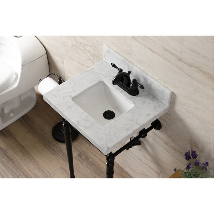 Kingston Heirloom KVPB1917M34SQ0 - Edwardian 19-Inch Carrara Marble Console Sink with Brass Legs (4-Inch, 3-Hole), Carrara Marble White/Matte Black