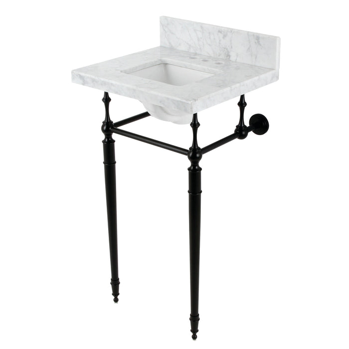 Kingston Heirloom KVPB1917M34SQ0 - Edwardian 19-Inch Carrara Marble Console Sink with Brass Legs (4-Inch, 3-Hole), Carrara Marble White/Matte Black