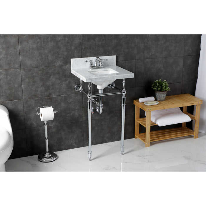 Kingston Heirloom KVPB1917M34SQ1 - Edwardian 19-Inch Carrara Marble Console Sink with Brass Legs (4-Inch, 3-Hole), Carrara Marble White/Polished Chrome