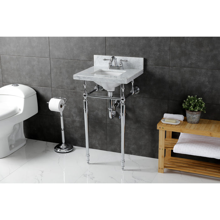 Kingston Heirloom KVPB1917M34SQ1 - Edwardian 19-Inch Carrara Marble Console Sink with Brass Legs (4-Inch, 3-Hole), Carrara Marble White/Polished Chrome