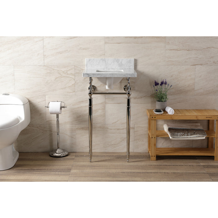 Kingston Heirloom KVPB1917M34SQ6 - Edwardian 19-Inch Carrara Marble Console Sink with Brass Legs (4-Inch, 3-Hole), Carrara Marble White/Polished Nickel