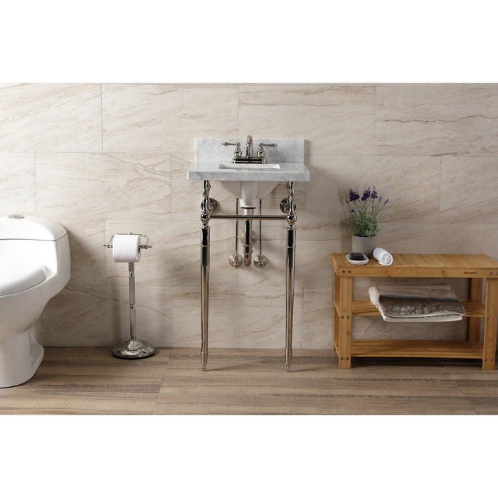 Kingston Heirloom KVPB1917M34SQ6 - Edwardian 19-Inch Carrara Marble Console Sink with Brass Legs (4-Inch, 3-Hole), Carrara Marble White/Polished Nickel