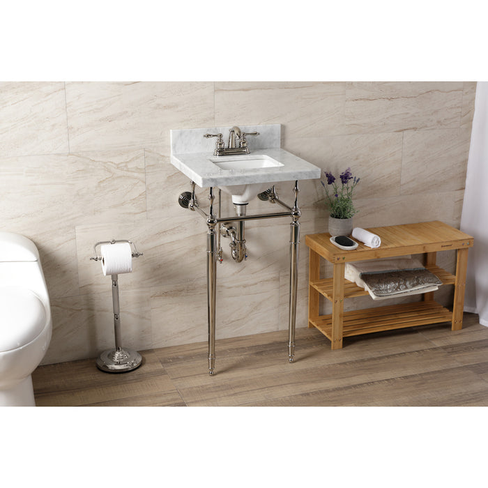Kingston Heirloom KVPB1917M34SQ6 - Edwardian 19-Inch Carrara Marble Console Sink with Brass Legs (4-Inch, 3-Hole), Carrara Marble White/Polished Nickel