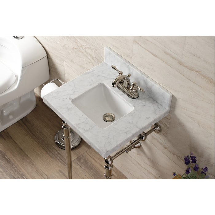 Kingston Heirloom KVPB1917M34SQ6 - Edwardian 19-Inch Carrara Marble Console Sink with Brass Legs (4-Inch, 3-Hole), Carrara Marble White/Polished Nickel