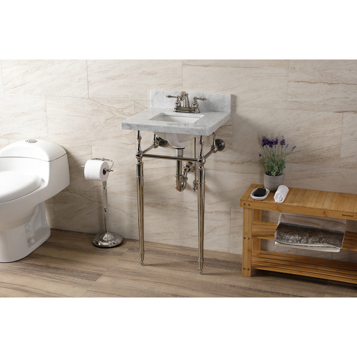 Kingston Heirloom KVPB1917M34SQ6 - Edwardian 19-Inch Carrara Marble Console Sink with Brass Legs (4-Inch, 3-Hole), Carrara Marble White/Polished Nickel