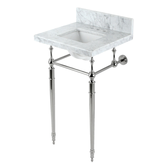 Kingston Heirloom KVPB1917M34SQ6 - Edwardian 19-Inch Carrara Marble Console Sink with Brass Legs (4-Inch, 3-Hole), Carrara Marble White/Polished Nickel