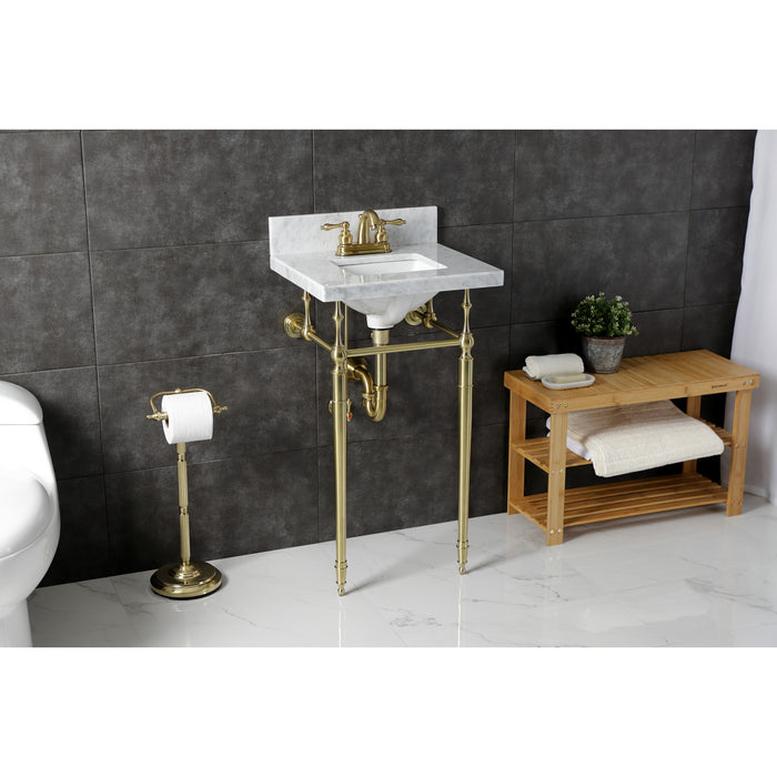 Edwardian KVPB1917M34SQ7 19-Inch Carrara Marble Console Sink with Brass Legs (4-Inch, 3-Hole), Carrara Marble White/Brushed Brass