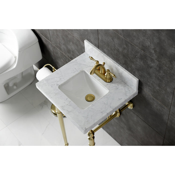 Edwardian KVPB1917M34SQ7 19-Inch Carrara Marble Console Sink with Brass Legs (4-Inch, 3-Hole), Carrara Marble White/Brushed Brass