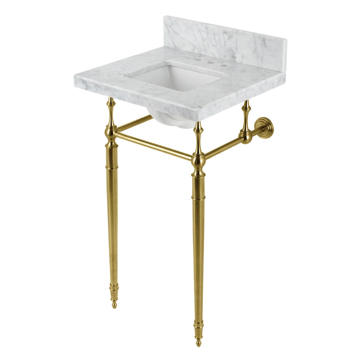 Edwardian KVPB1917M34SQ7 19-Inch Carrara Marble Console Sink with Brass Legs (4-Inch, 3-Hole), Carrara Marble White/Brushed Brass