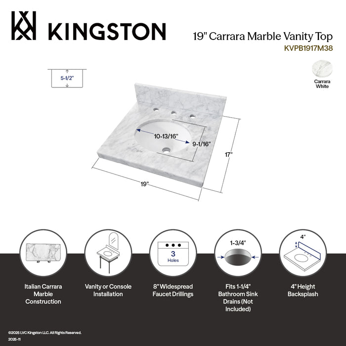 Fredrickson KVPB1917M38 19-Inch Carrara Marble Vanity Sink Top (8" Faucet Drillings), Carrara White
