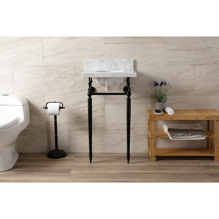 Kingston Heirloom KVPB1917M380ST - Edwardian 19-Inch Carrara Marble Console Sink with Brass Legs (8-Inch, 3-Hole), Carrara Marble White/Matte Black