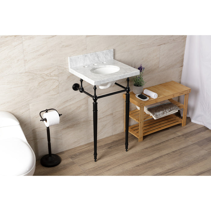 Kingston Heirloom KVPB1917M380ST - Edwardian 19-Inch Carrara Marble Console Sink with Brass Legs (8-Inch, 3-Hole), Carrara Marble White/Matte Black