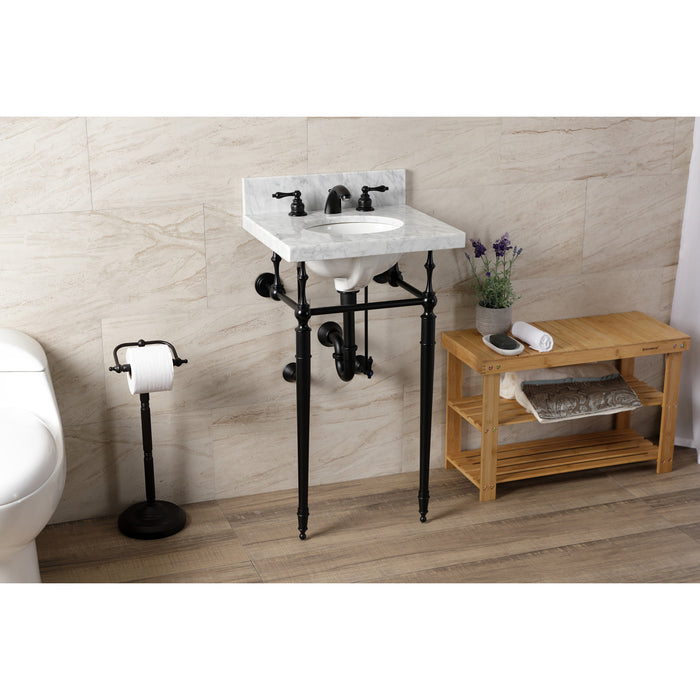 Kingston Heirloom KVPB1917M380ST - Edwardian 19-Inch Carrara Marble Console Sink with Brass Legs (8-Inch, 3-Hole), Carrara Marble White/Matte Black