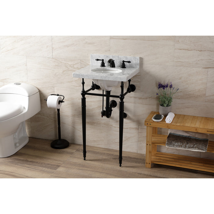 Kingston Heirloom KVPB1917M380ST - Edwardian 19-Inch Carrara Marble Console Sink with Brass Legs (8-Inch, 3-Hole), Carrara Marble White/Matte Black