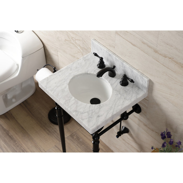 Kingston Heirloom KVPB1917M380ST - Edwardian 19-Inch Carrara Marble Console Sink with Brass Legs (8-Inch, 3-Hole), Carrara Marble White/Matte Black